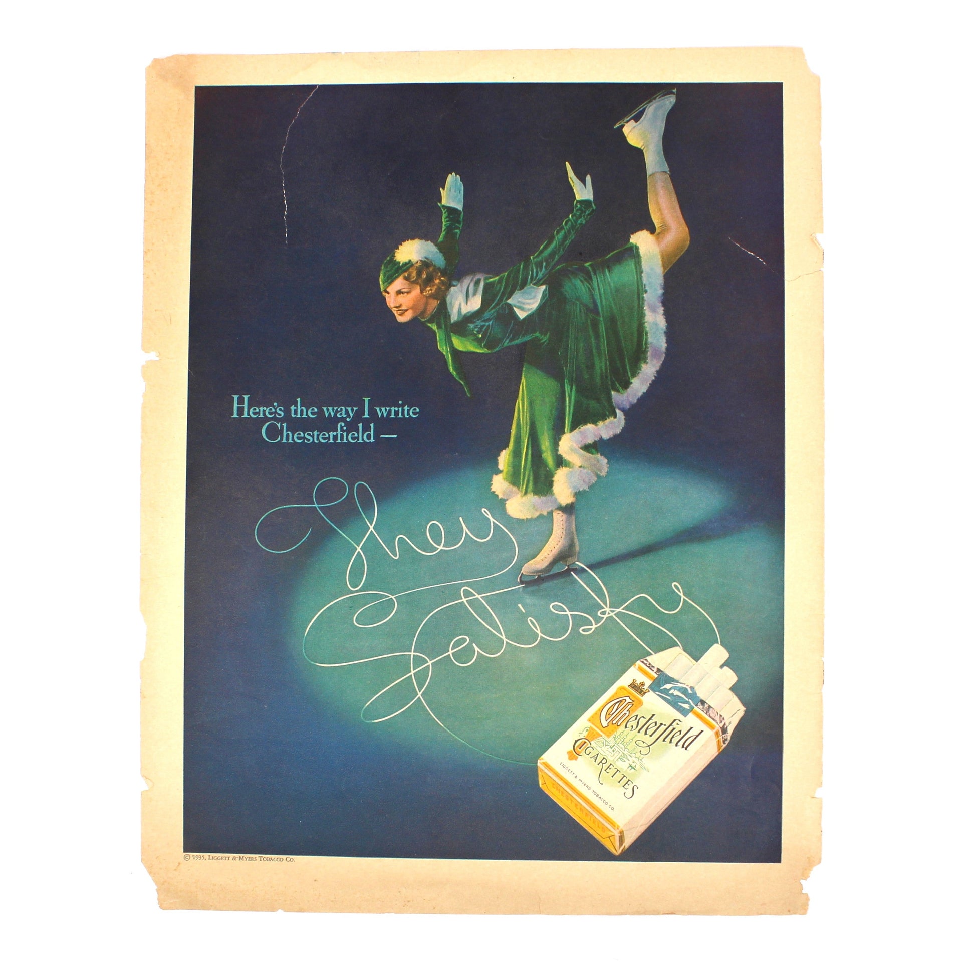 Vintage Chesterfield Cigarettes Advertisement, 1935 Magazine Ad, Full Color / Full Page Original Print Ad, Female Ice Skater, Ephemera