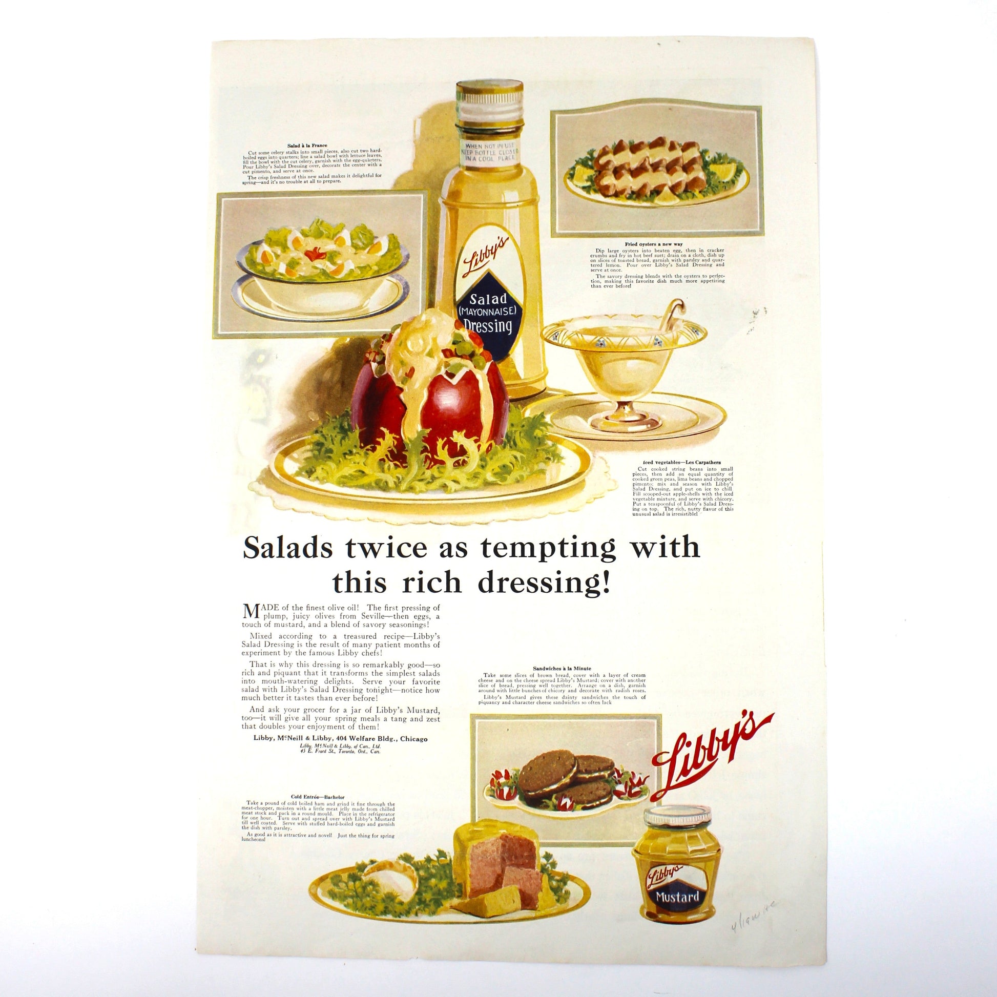 Antique Magazine Advertisement, Libby's Mustard / Salad Mayonnaise Dressing, 1919 Ad, Full Color / Full Page Original Ephemera, Kitchen Decor