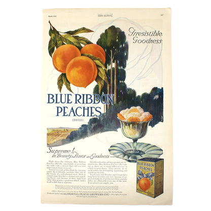 Vintage advertisement for Blue Ribbon Peaches with illustrations of peaches and a box.  1920