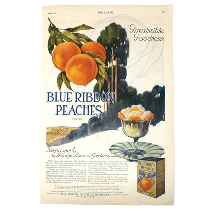 Vintage 1920 print advertisement for Blue Ribbon Peaches with illustrations of peaches and a box.