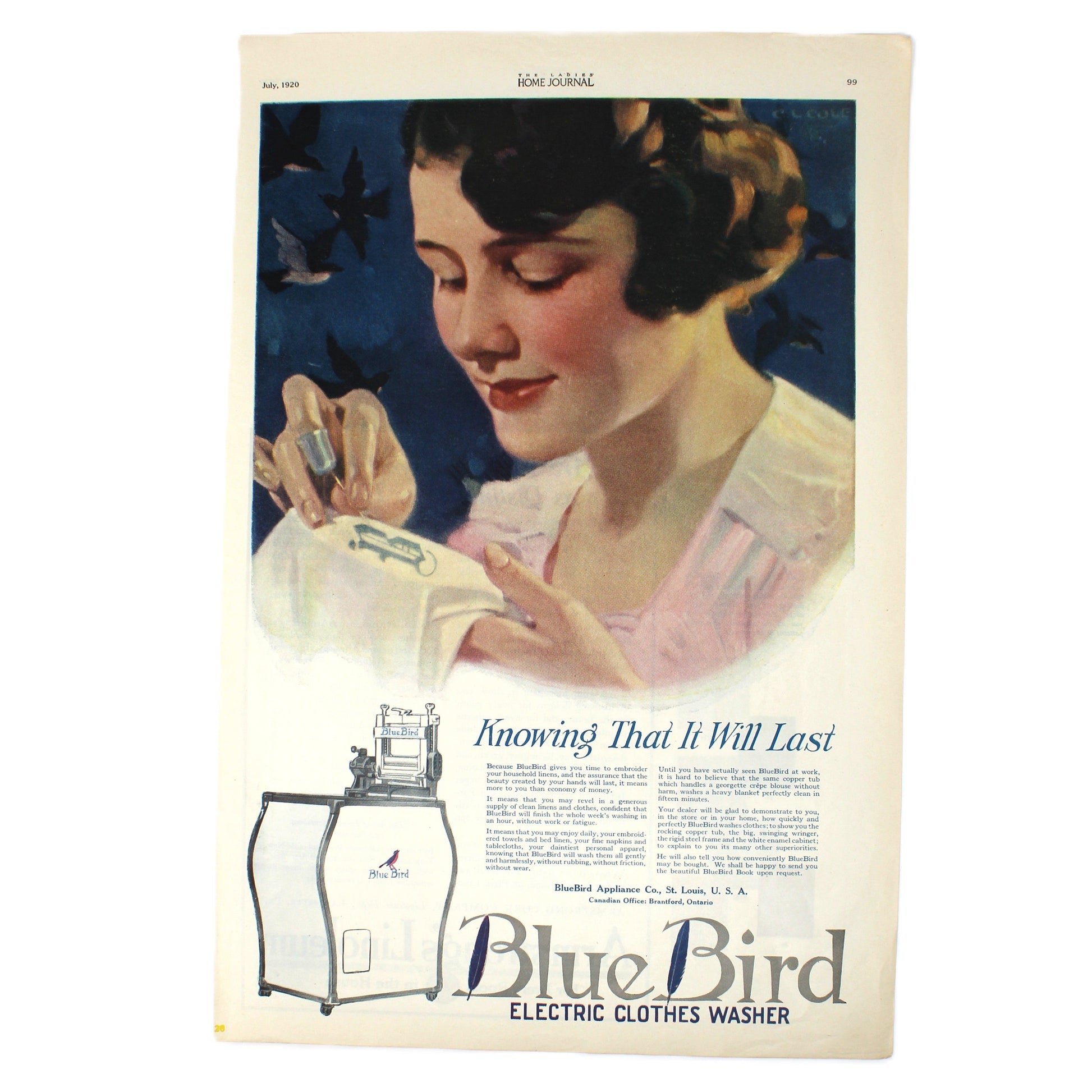 Vintage advertisement for Blue Bird electric clothes washer featuring a woman embroidering.