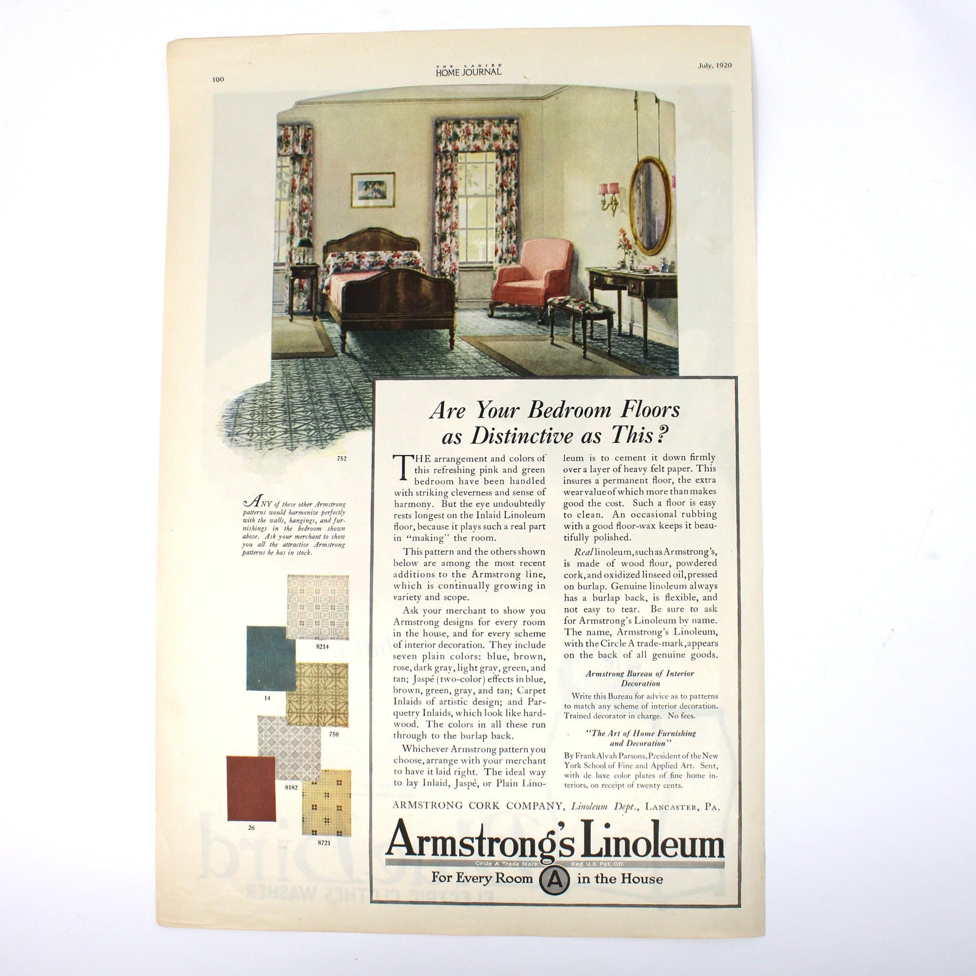 Vintage advertisement for Armstrong's Linoleum featuring a bedroom scene and color swatches.