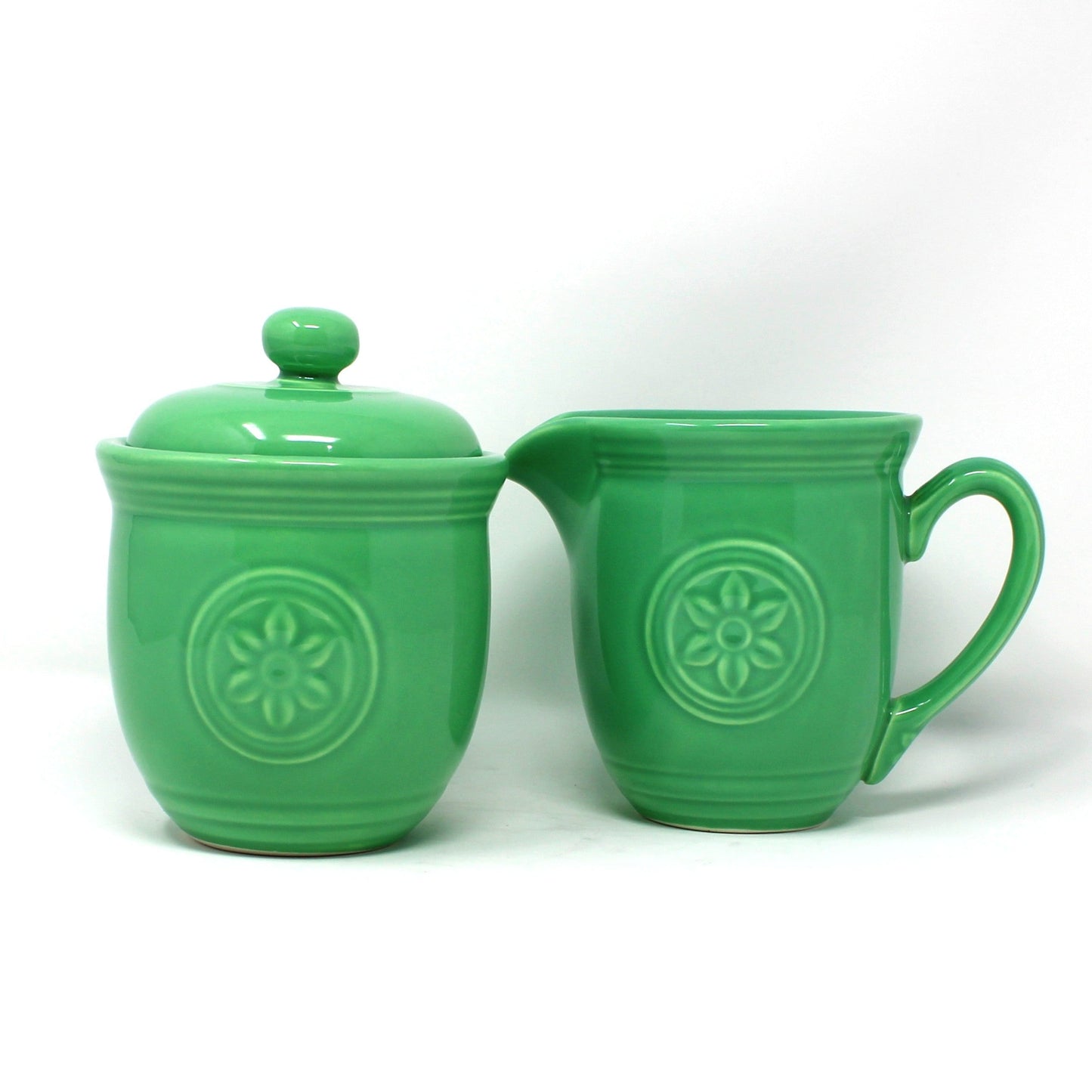 Vintage Cream & Sugar Bowl with Lid, Oneida Sea Foam / Willow Green Set in "Petals" Pattern, Ceramic Serveware, Colorful Tableware