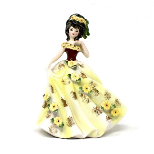 Figurine, Lefton, Designed By Marika, Mathilde, Girl in Yellow Dress with Flowers, Vintage