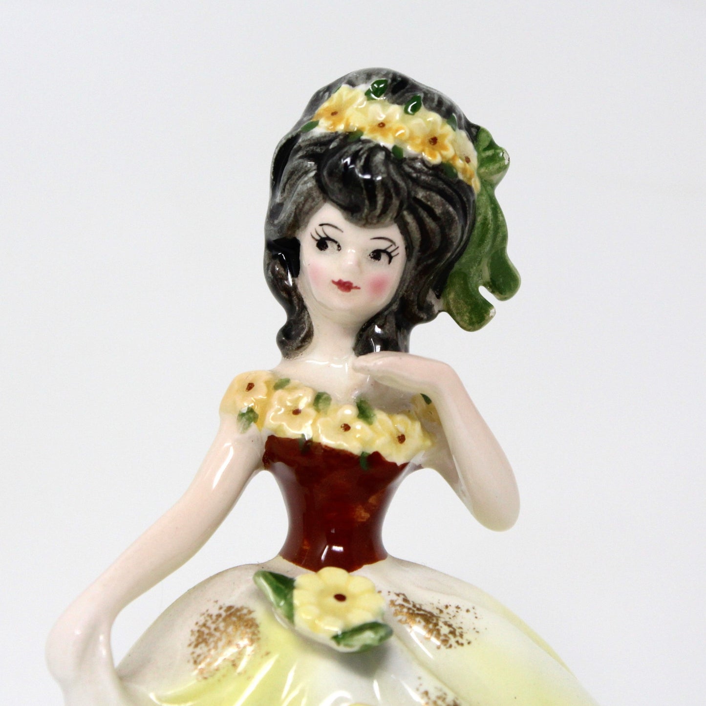 Figurine, Lefton, Designed By Marika, Mathilde, Girl in Yellow Dress with Flowers, Vintage