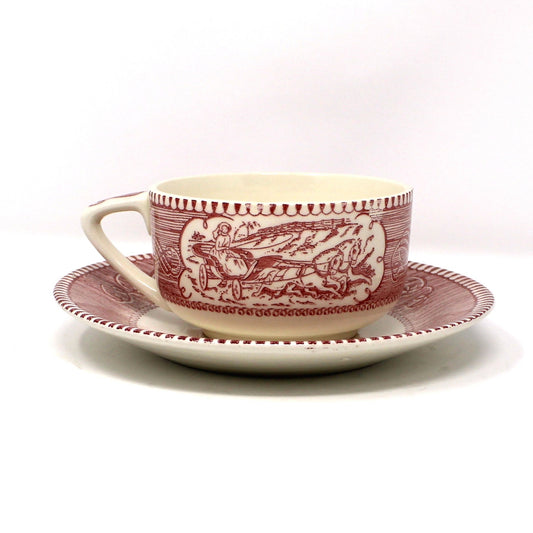 Vintage Cup & Saucer set by Royal China, Currier & Ives "Star of the Road" 1967. Pink/White Mid Century Ceramic, Americana Dinnerware, Sebring Pottery