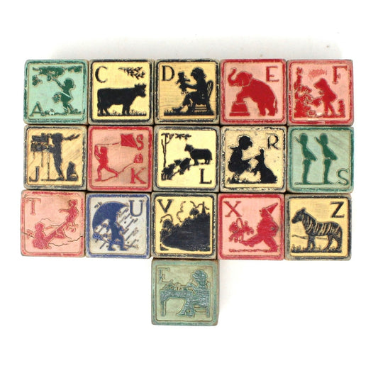 Wooden Blocks, Children's Building Blocks: Animals, Numbers, Figures, Nursery Rhymes, 16 Antique Blocks