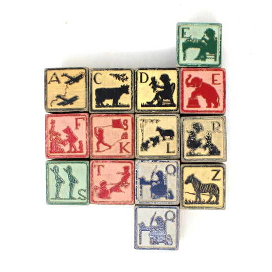 Wooden Blocks, Children's Building Blocks: Animals, Numbers, Figures, Nursery Rhymes, Antique