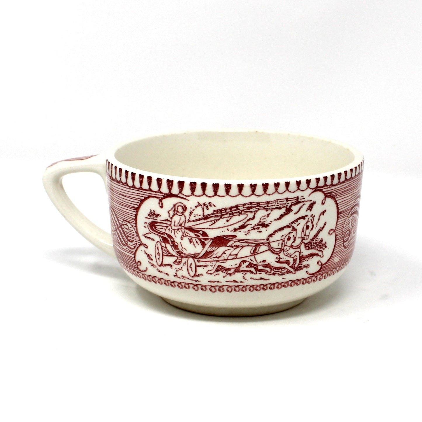Teacup, Royal China, Currier & Ives, Star of the Road, Scroll Handle, Pink & White, USA, Vintage 1967 — Cup Only