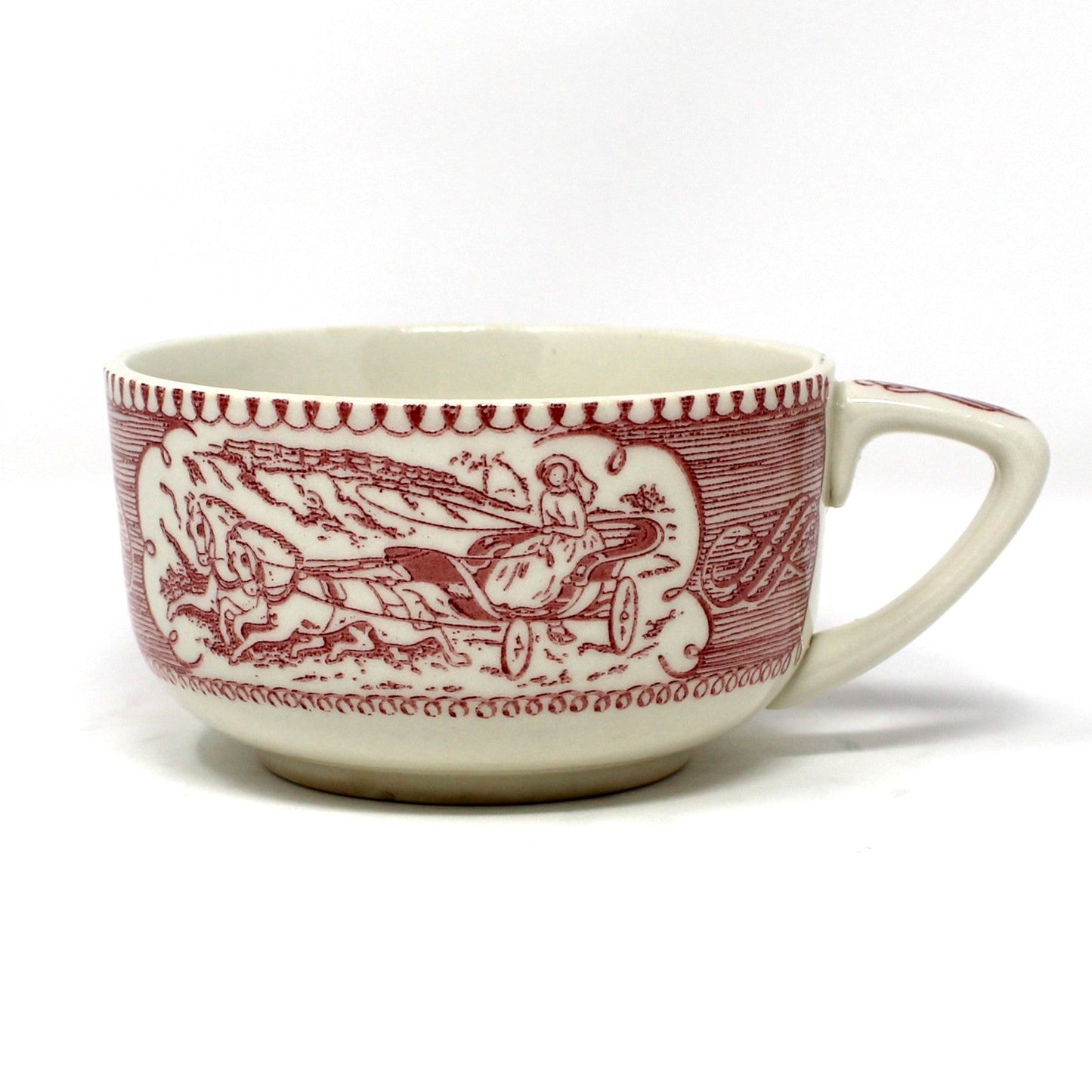 Teacup, Royal China, Currier & Ives, Star of the Road, Scroll Handle, Pink & White, USA, Vintage 1967 — Cup Only