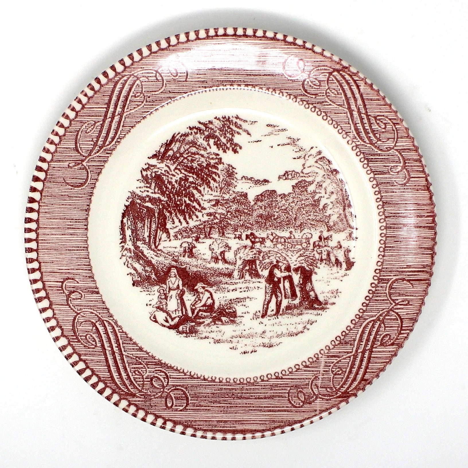 Vintage Bread & Butter Plates by Royal China / Sebring Pottery.  Currier & Ives Pattern The Harvest in Pink & White Mid Century Ceramic, Americana Dinnerware