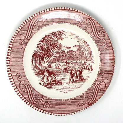 Vintage Bread & Butter Plates by Royal China / Sebring Pottery.  Currier & Ives Pattern The Harvest in Pink & White Mid Century Ceramic, Americana Dinnerware