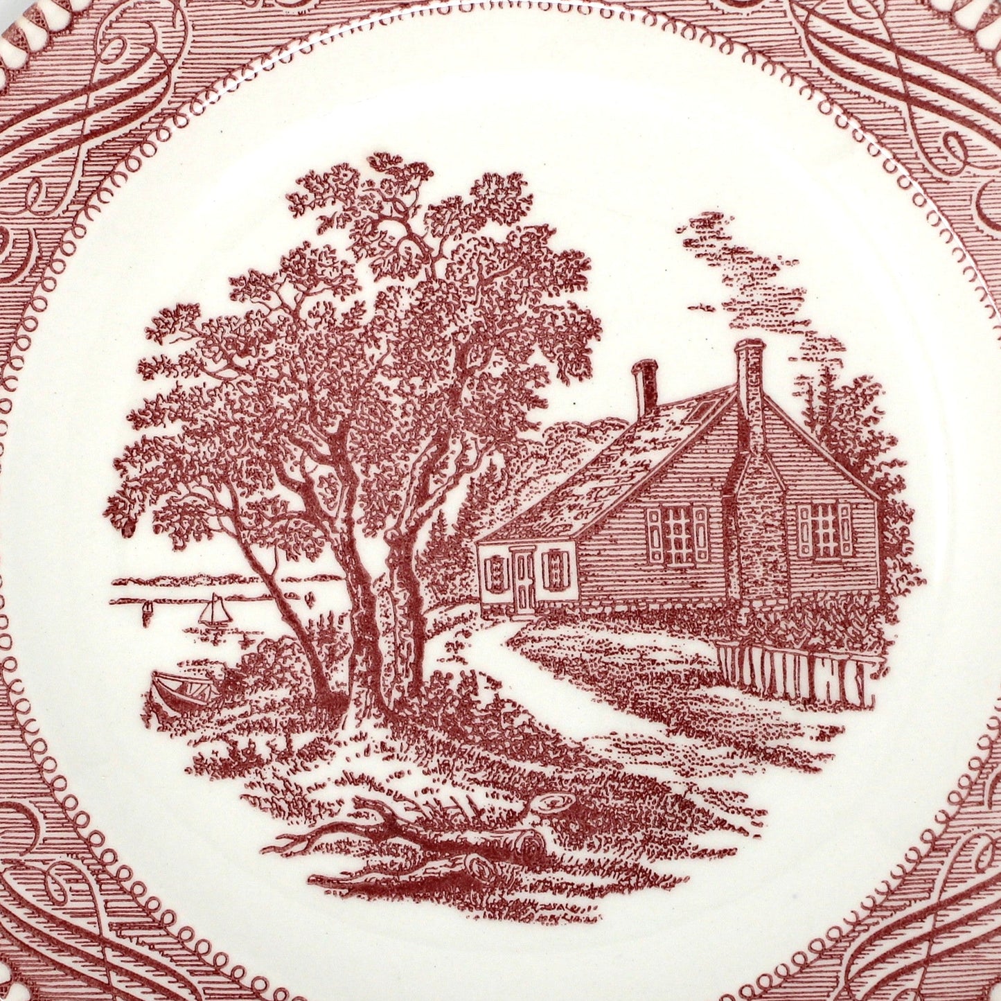 Dessert / Salad Plate, Royal China, Currier & Ives, Pink & White Ceramic, Vintage