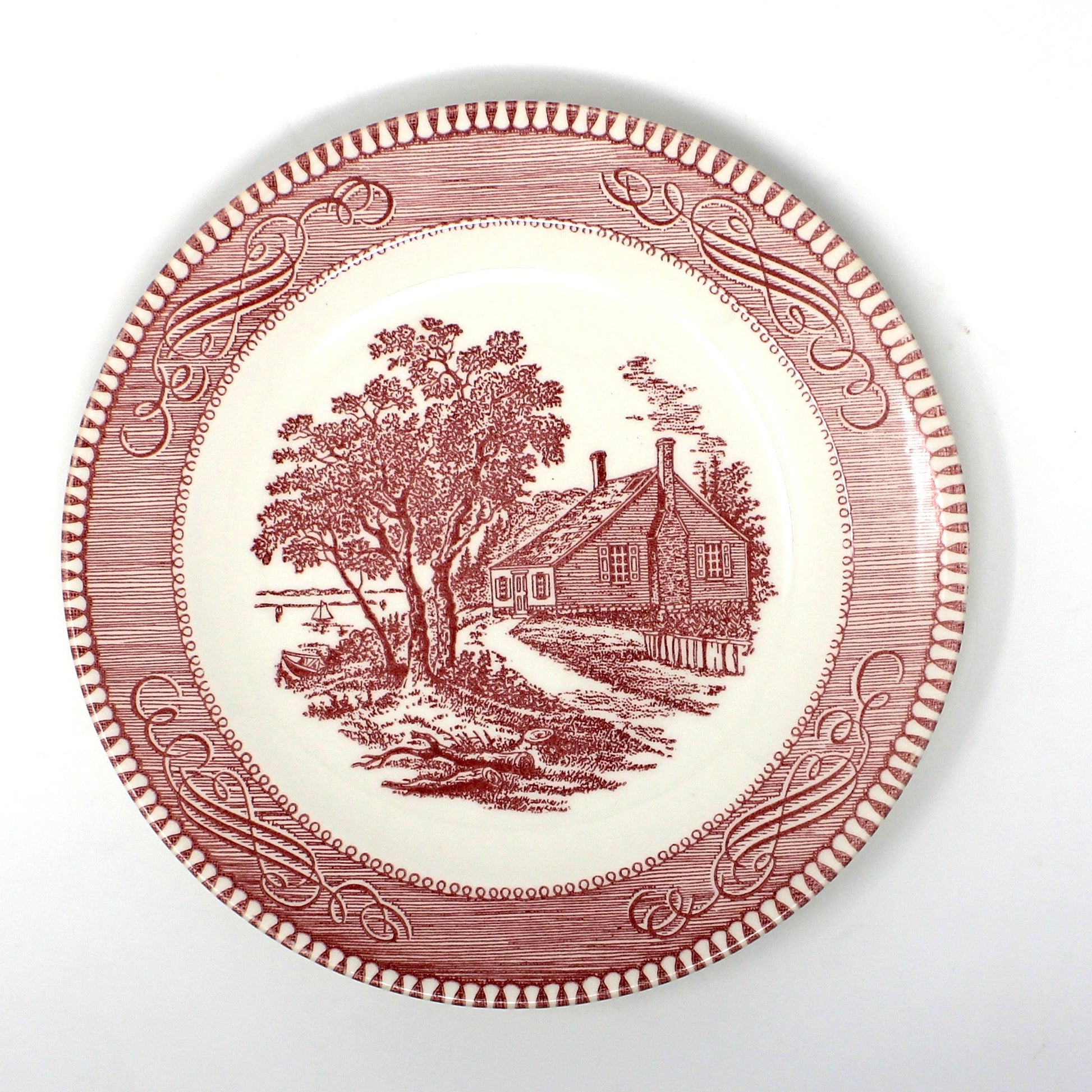 For sale Vintage Salad Plate by Royal China, Currier & Ives "The Birthplace of Washington" 1967. Pink/White Mid Century Ceramic, Americana Dinnerware, Sebring Pottery