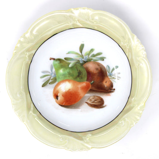 Antique Bavaria decorative fruit / dessert bowl with pears and walnuts and iridescent yellow border.  German porcelain.