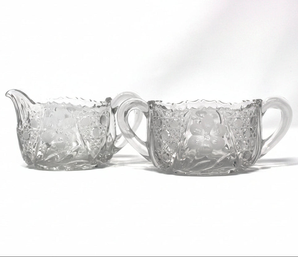 Creamer & Sugar Bowl with Handles, McKee Innovation Cut Glass, Etched 6 Petal Flower and Cane, Sawtooth Rim, Antique
