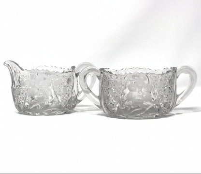 Creamer & Sugar Bowl with Handles, McKee Innovation Cut Glass, Etched 6 Petal Flower and Cane, Sawtooth Rim, Antique