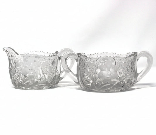 Creamer & Sugar Bowl with Handles, McKee Innovation Cut Glass, Etched 6 Petal Flower and Cane, Sawtooth Rim, Antique