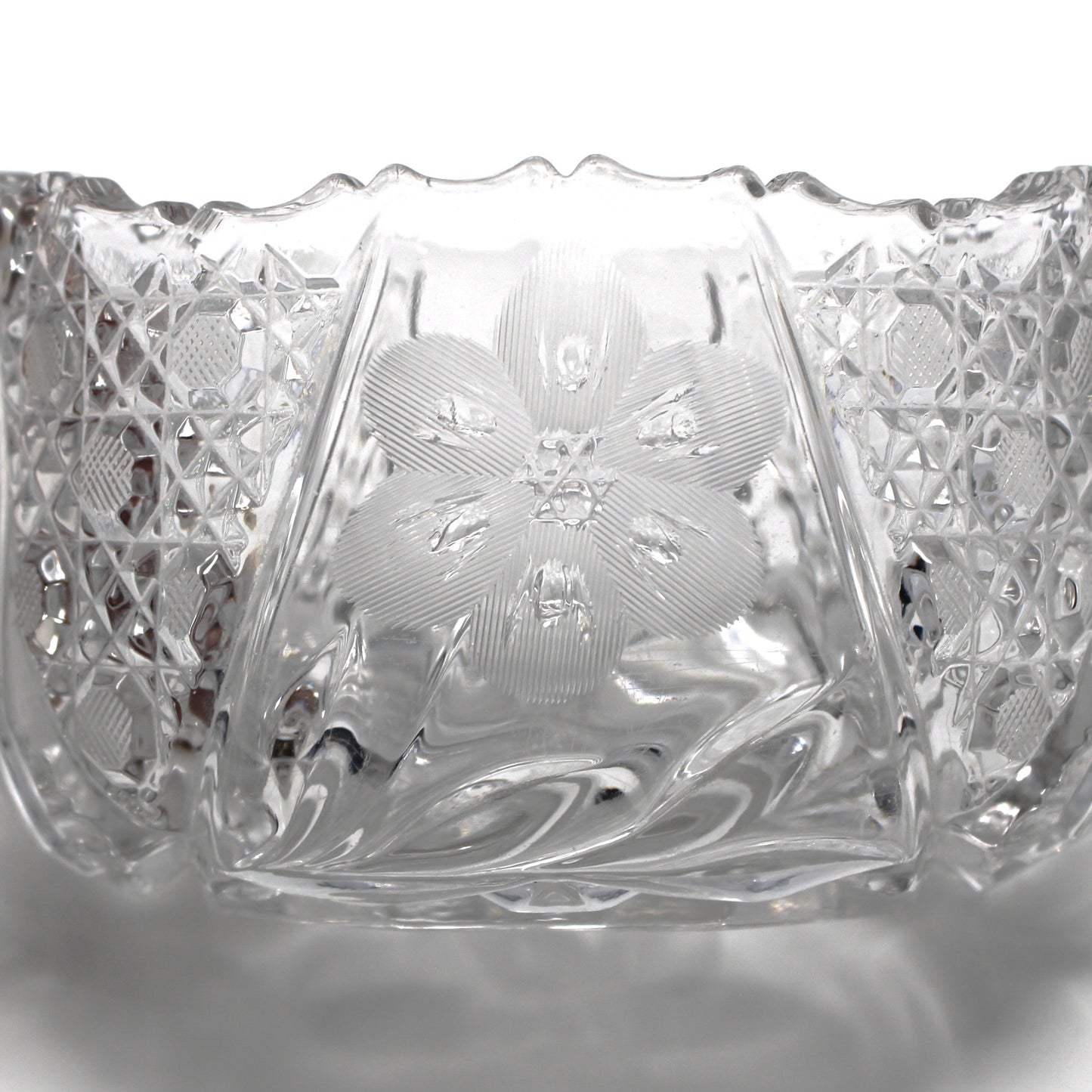 Creamer & Sugar Bowl with Handles, McKee Innovation Cut Glass, Etched 6 Petal Flower and Cane, Sawtooth Rim, Antique