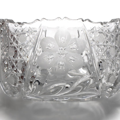 Creamer & Sugar Bowl with Handles, McKee Innovation Cut Glass, Etched 6 Petal Flower and Cane, Sawtooth Rim, Antique