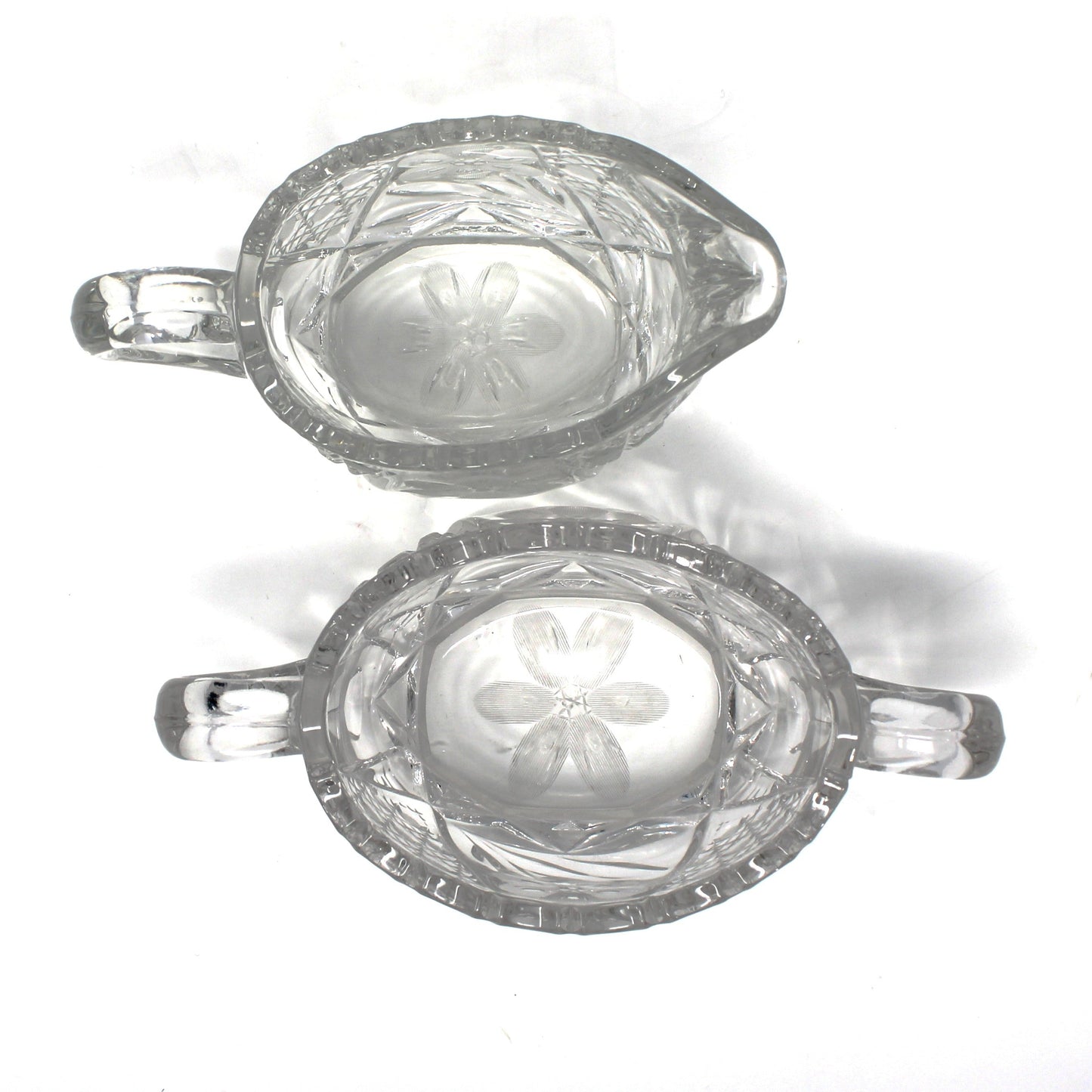 Creamer & Sugar Bowl with Handles, McKee Innovation Cut Glass, Etched 6 Petal Flower and Cane, Sawtooth Rim, Antique