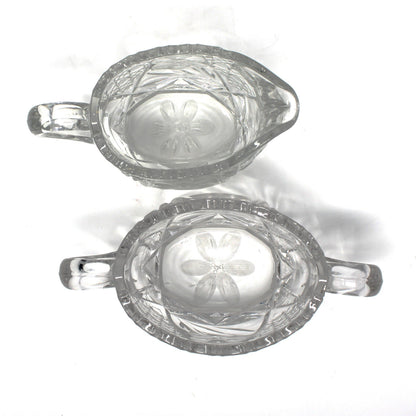 Creamer & Sugar Bowl with Handles, McKee Innovation Cut Glass, Etched 6 Petal Flower and Cane, Sawtooth Rim, Antique