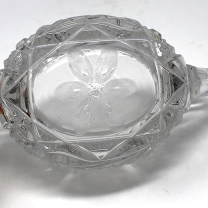Creamer & Sugar Bowl with Handles, McKee Innovation Cut Glass, Etched 6 Petal Flower and Cane, Sawtooth Rim, Antique