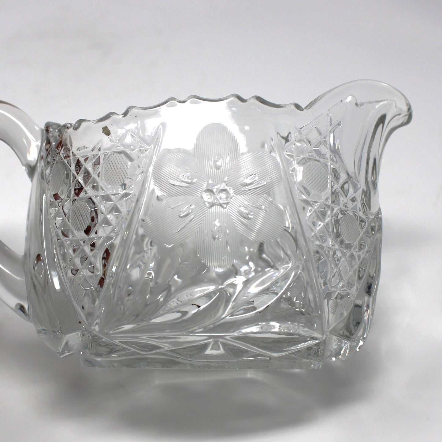 Creamer & Sugar Bowl with Handles, McKee Innovation Cut Glass, Etched 6 Petal Flower and Cane, Sawtooth Rim, Antique