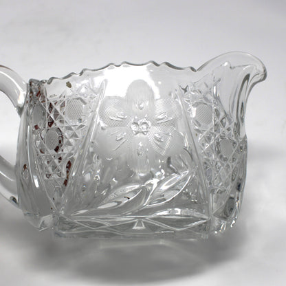 Creamer & Sugar Bowl with Handles, McKee Innovation Cut Glass, Etched 6 Petal Flower and Cane, Sawtooth Rim, Antique