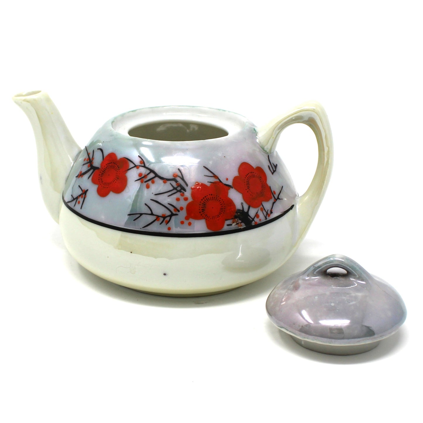 Teapot, Purple Lusterware, Mini / One Cup, Hand Painted Red Floral Japan Porcelain, Vintage