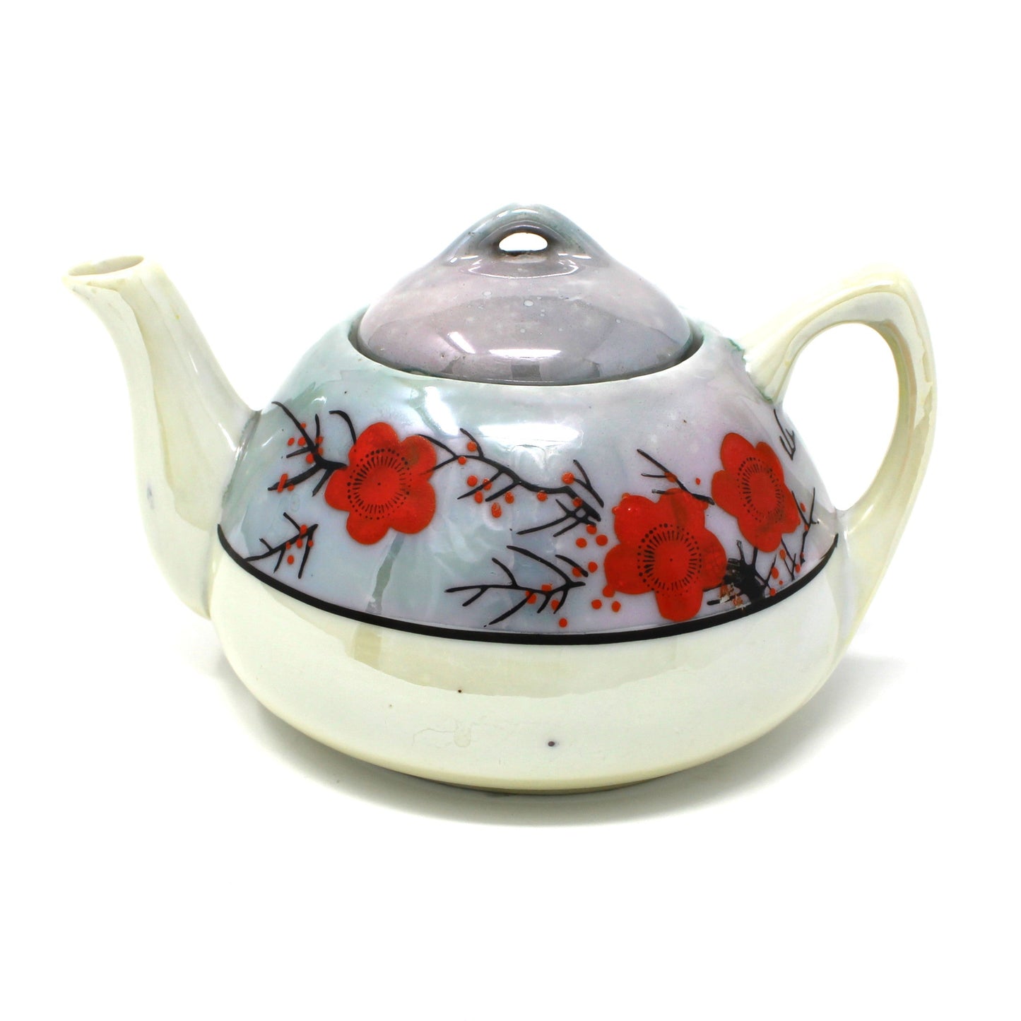 Vintage Mini Teapot, One Cup, Purple Lusterware / Iridescent with Red Hand Painted Flowers, Japan Imports.
