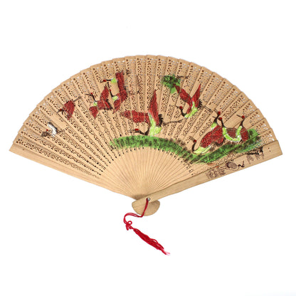 Hand Fan, Hand Painted Oriental Red Crowned Cranes, Double-Sided, Open-Cut Work Wood, Vintage