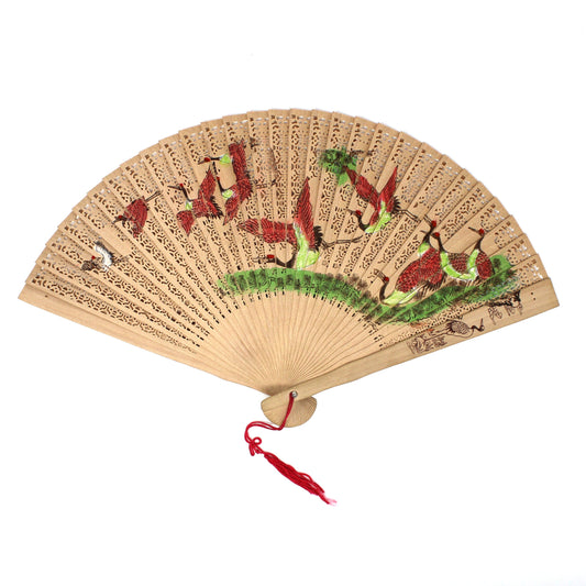 Hand Fan, Hand Painted Oriental Red Crowned Cranes, Double-Sided, Open-Cut Work Wood, Vintage