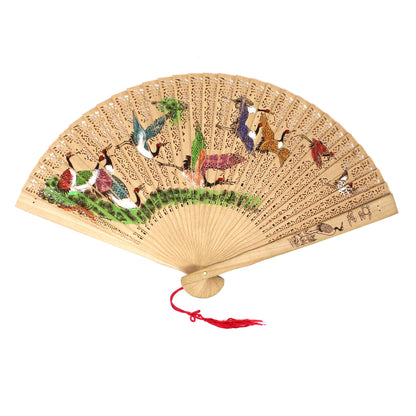 Hand Fan, Hand Painted Oriental Red Crowned Cranes, Double-Sided, Open-Cut Work Wood, Vintage