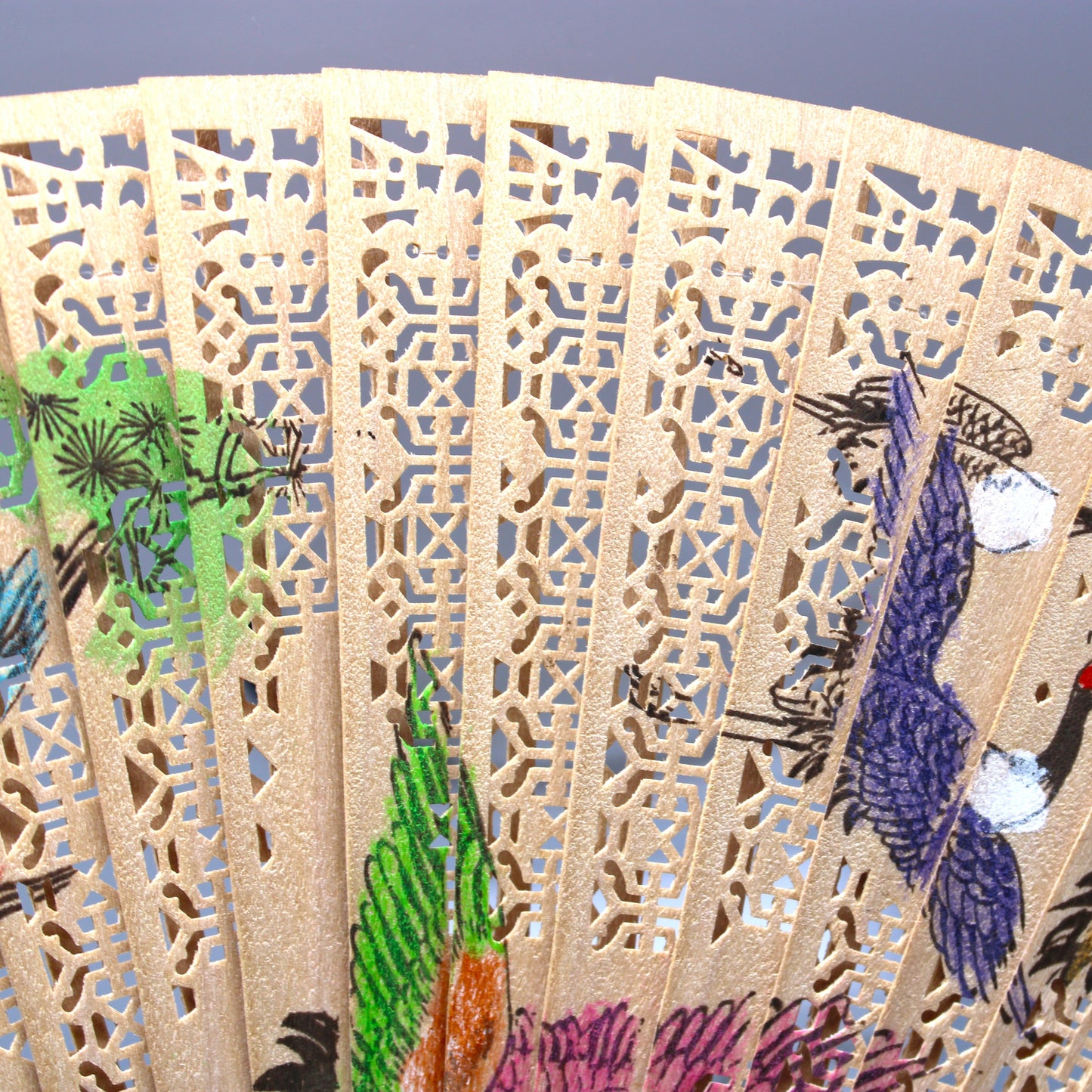 Hand Fan, Hand Painted Oriental Red Crowned Cranes, Double-Sided, Open-Cut Work Wood, Vintage