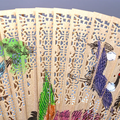 Hand Fan, Hand Painted Oriental Red Crowned Cranes, Double-Sided, Open-Cut Work Wood, Vintage