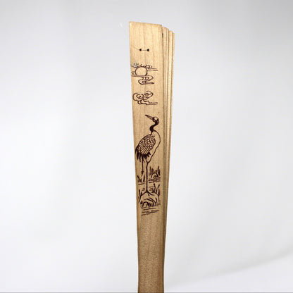 Hand Fan, Hand Painted Oriental Red Crowned Cranes, Double-Sided, Open-Cut Work Wood, Vintage