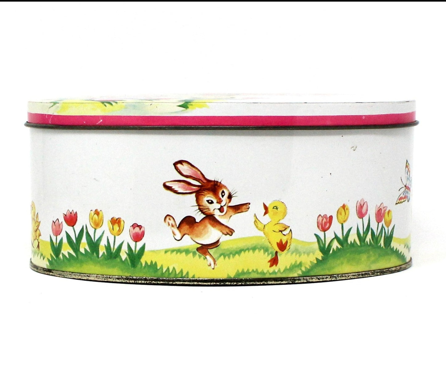 Gift Tin / Candy Tin, Daher, Bunny Rabbit with Chicks & Easter Eggs, Vintage England