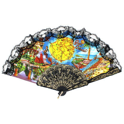 Hand Fan, Spanish Style, Souvenir, Gran Canaria, Canary Islands, Open Cut-Work, Black Lace, Vintage