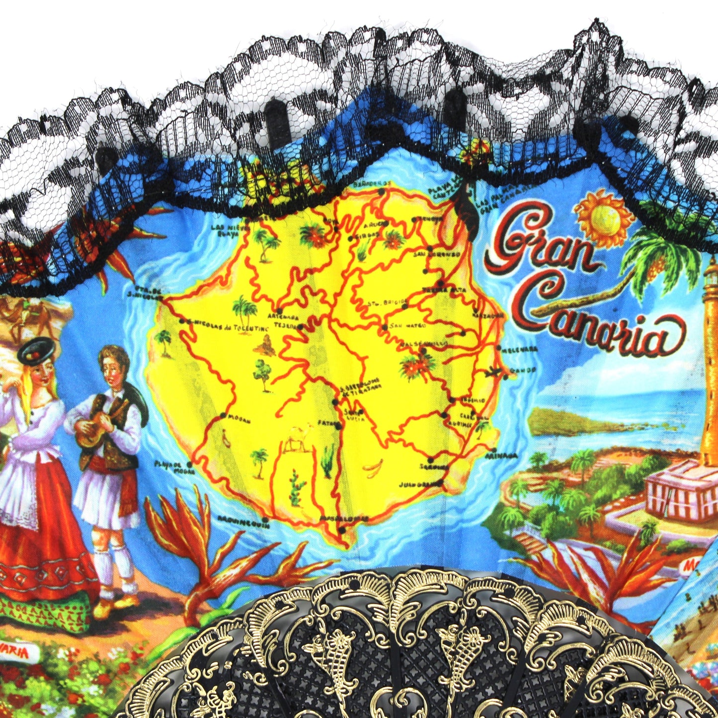 Hand Fan, Spanish Style, Souvenir, Gran Canaria, Canary Islands, Open Cut-Work, Black Lace, Vintage