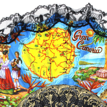 Hand Fan, Spanish Style, Souvenir, Gran Canaria, Canary Islands, Open Cut-Work, Black Lace, Vintage