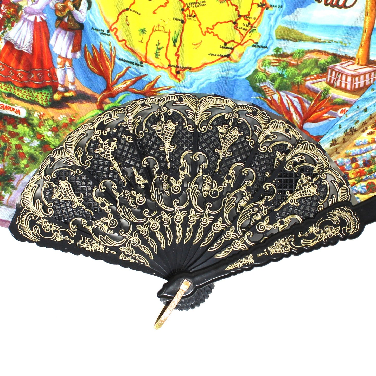 Hand Fan, Spanish Style, Souvenir, Gran Canaria, Canary Islands, Open Cut-Work, Black Lace, Vintage
