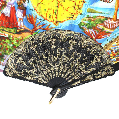 Hand Fan, Spanish Style, Souvenir, Gran Canaria, Canary Islands, Open Cut-Work, Black Lace, Vintage
