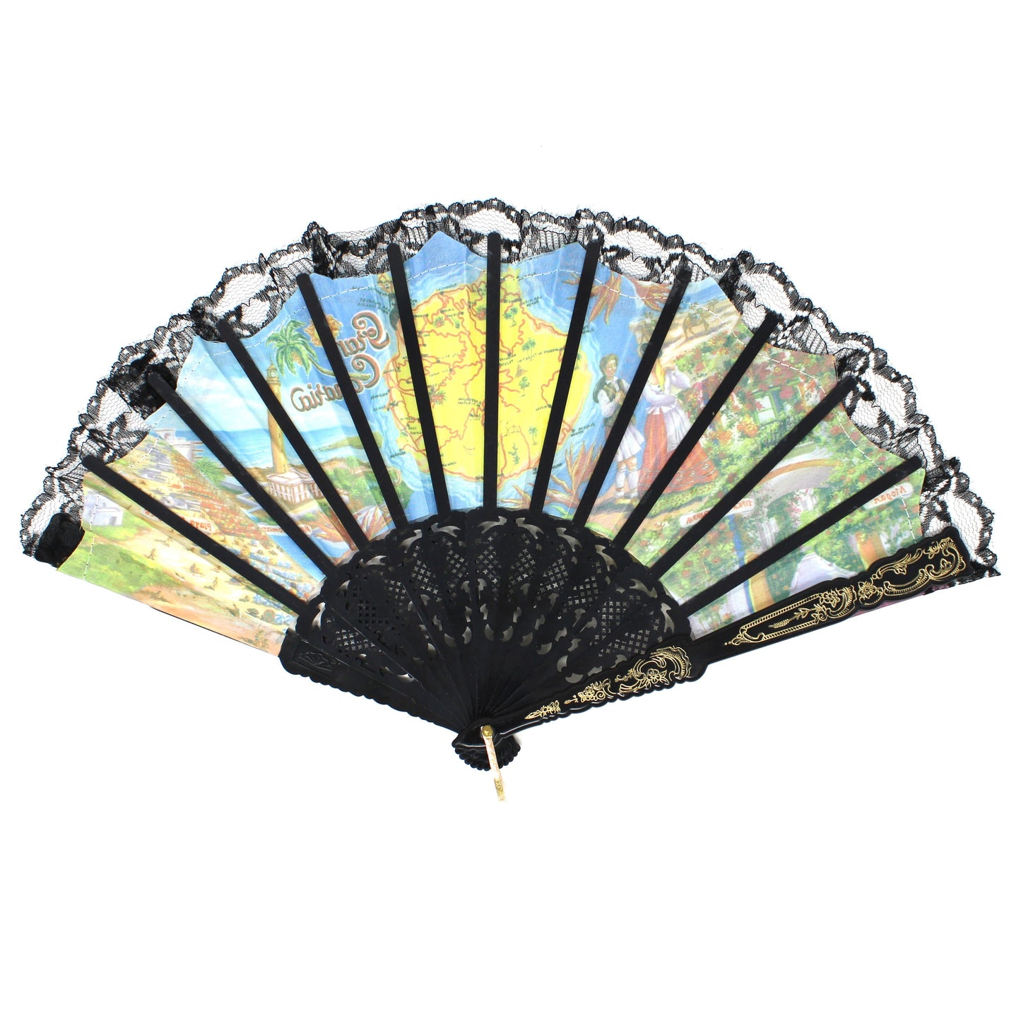 Hand Fan, Spanish Style, Souvenir, Gran Canaria, Canary Islands, Open Cut-Work, Black Lace, Vintage