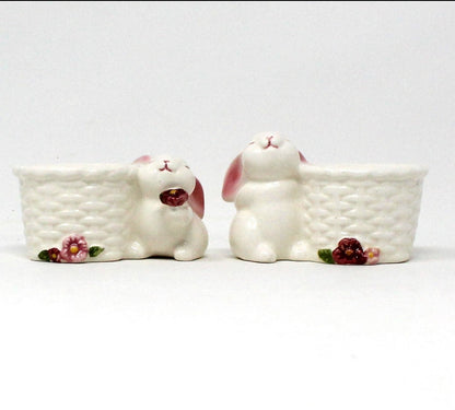 Candle Holders, Avon, Bunnies with Baskets, Ceramic Taper Holders, Vintage