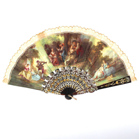 Hand Fan, Spanish Style, El Corte Ingles, Tortoiseshell Look Open Cut-Work, Victorian Scenes, Vintage