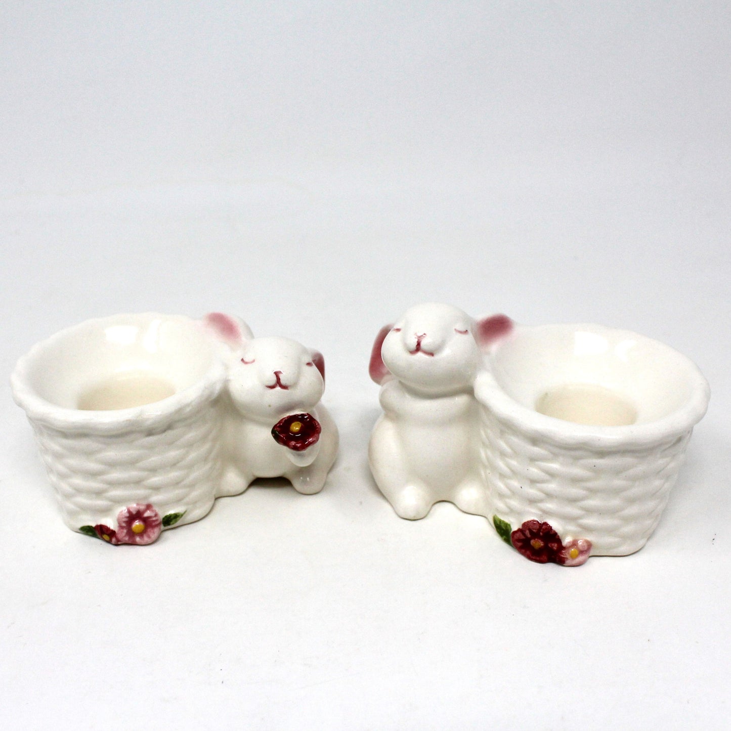 Candle Holders, Avon, Bunnies with Baskets, Ceramic Taper Holders, Vintage