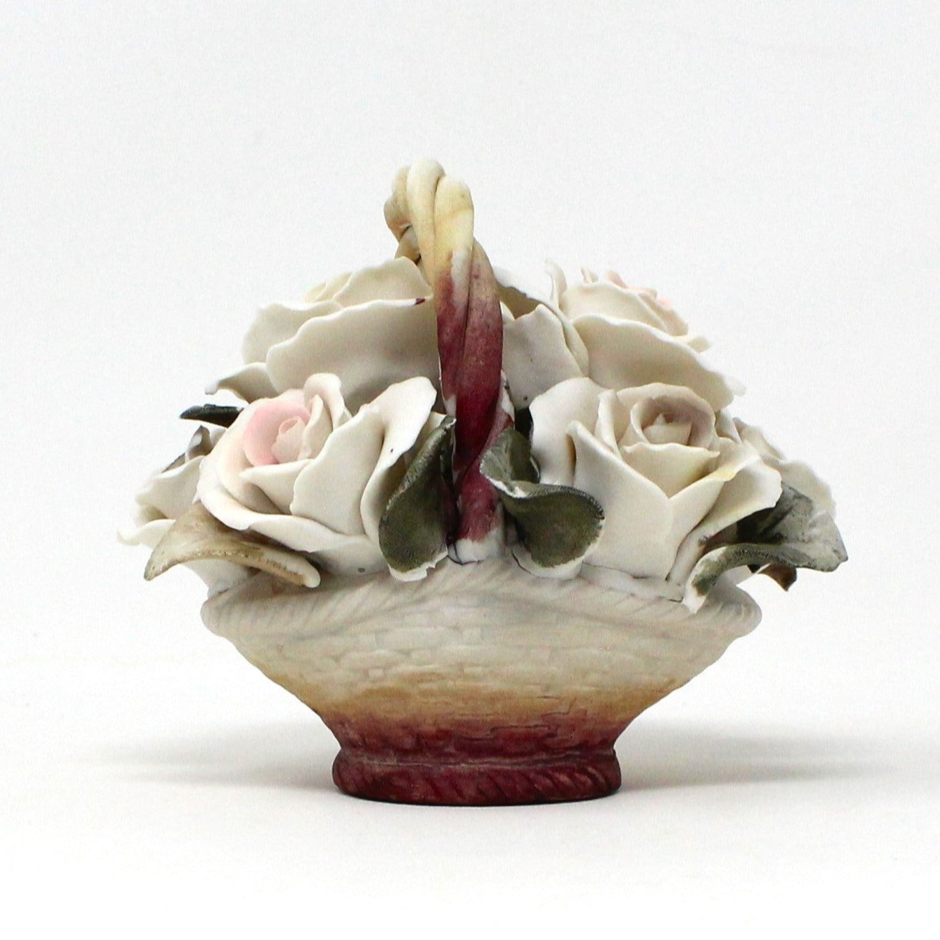 Basket, Capodimonte Style Roses, Bisque Porcelain, Vintage