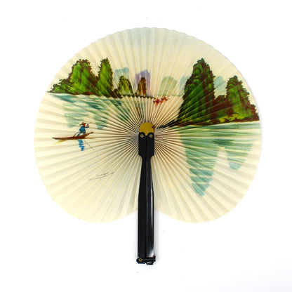 Hand Fan, Cockade Fan, Oriental Landscape Paper, Pinwheel Shape, Folds Flat, Vintage