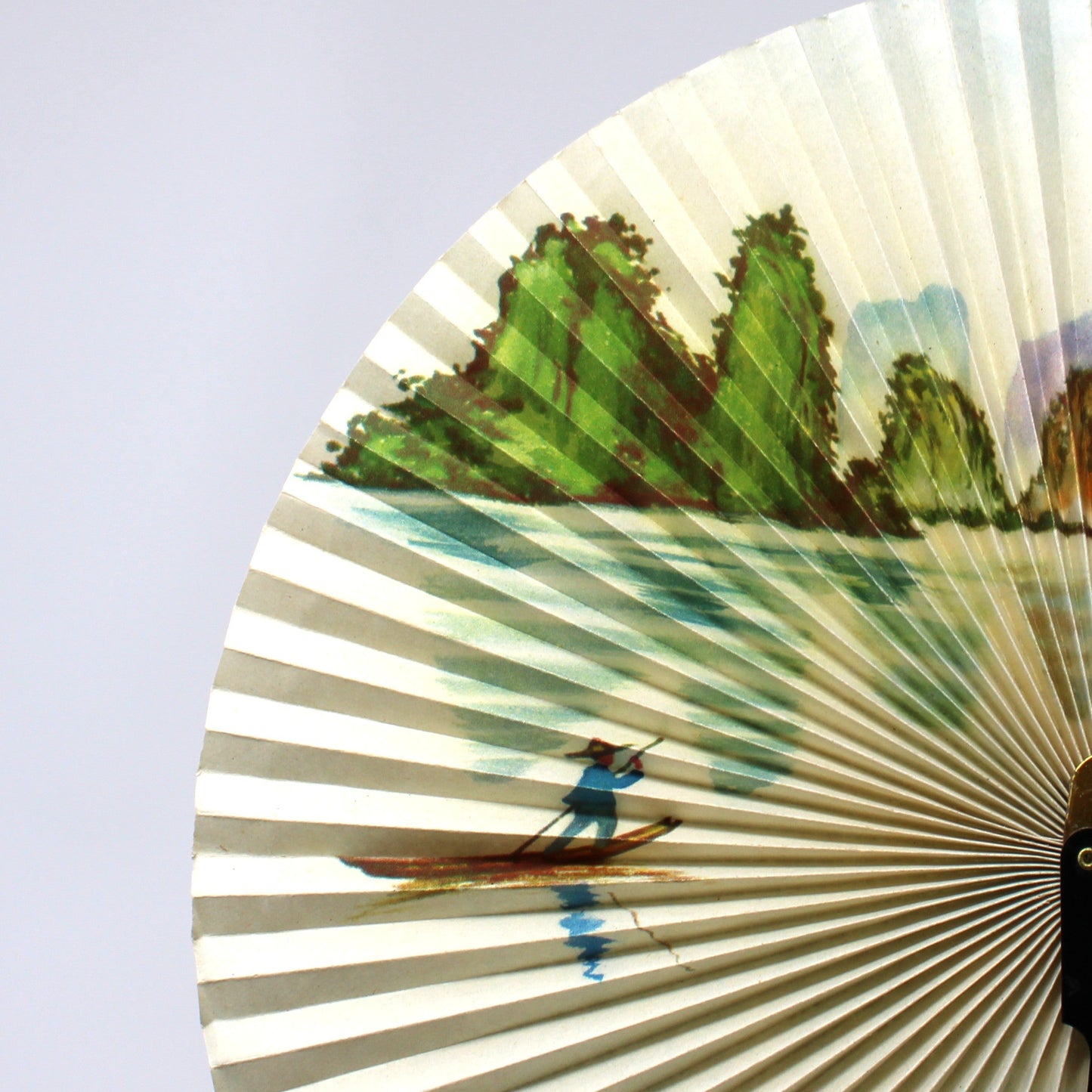 Hand Fan, Cockade Fan, Oriental Landscape Paper, Pinwheel Shape, Folds Flat, Vintage